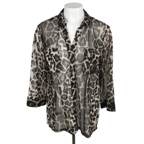 CHICO'S Leopard Print Button Up Sheer Blouse Top Sz Large - Picture 1 of 6